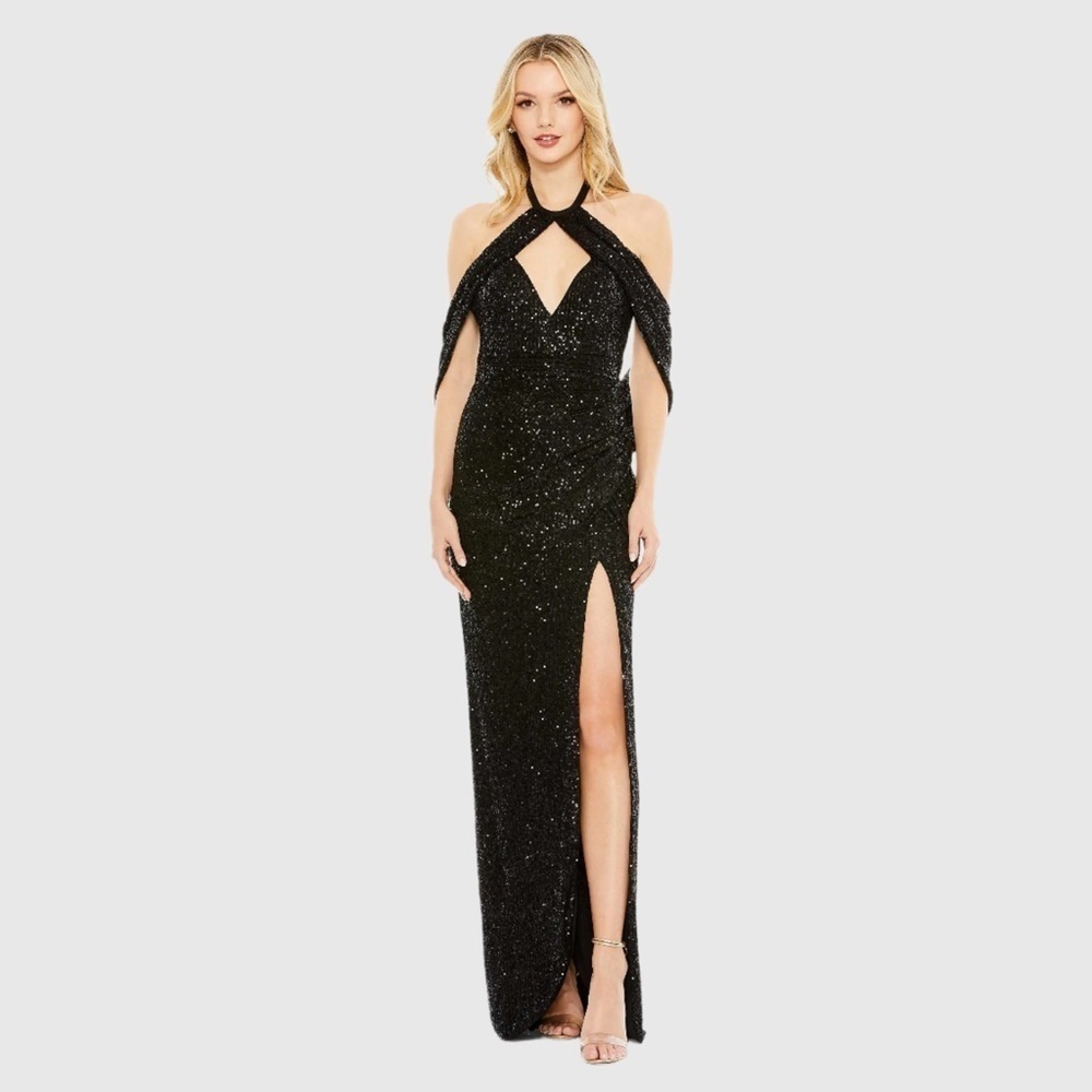 Mac Duggal 42021 NWT Black Sequined Draped Sleeveless Keyhole Cowl Back Gown